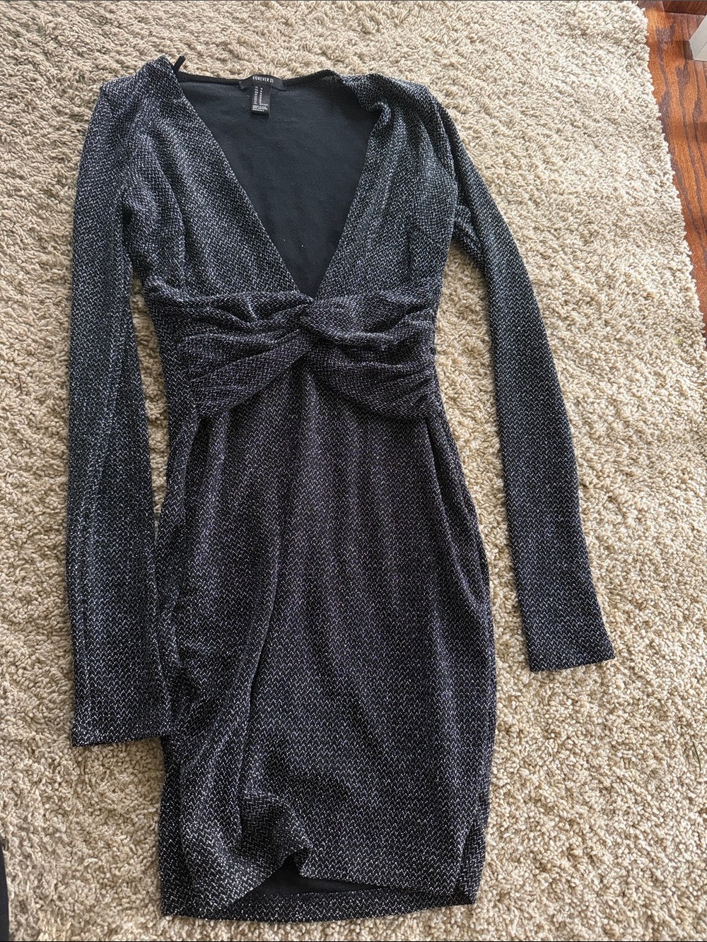 Forever 21 Black Sparkle Long Sleeve Twist-Front Dress